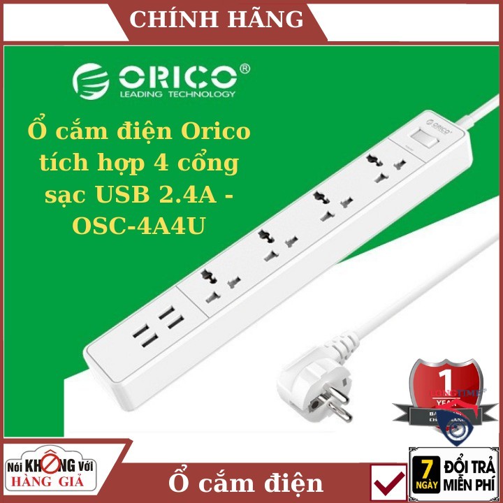 Ổ Cắm Điện Đa Năng Chống Sốc, Chống Giật đa năng ORICO, Ổ Cắm Điện 2500W Orico OSC-4A4U-UN , tích hợp 4 cổng USB 5v-2.4a