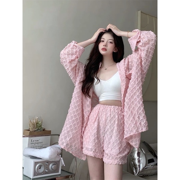 Set áo sơ mi và quần short voan mắt lưới dáng rộng hot