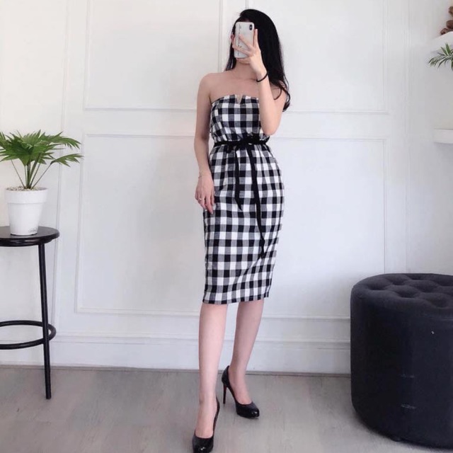Đầm body caro cúp ngực-DC377