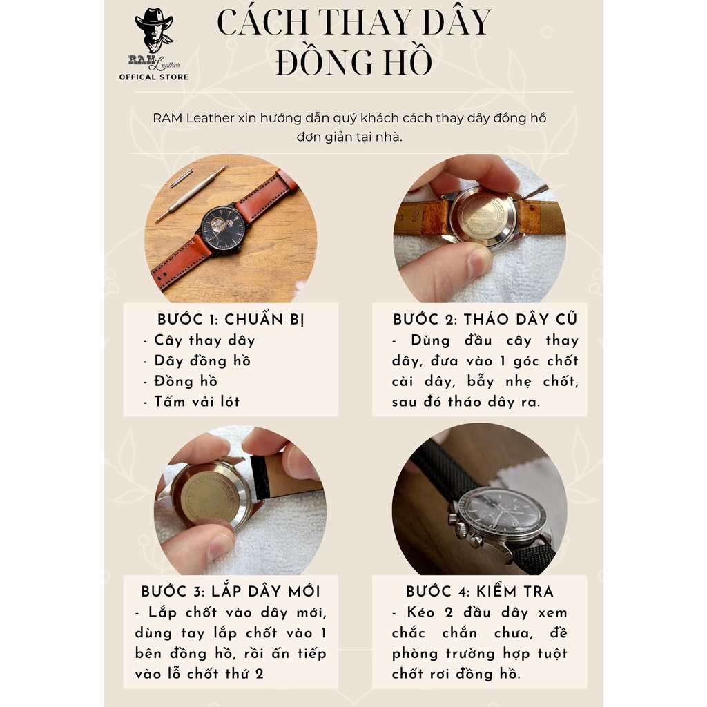 Dây Đồng Hồ Thủ Công Da Bò RAM Leather Italia Veg Inca Da Bò RAM Leather 1970 Bền Đẹp