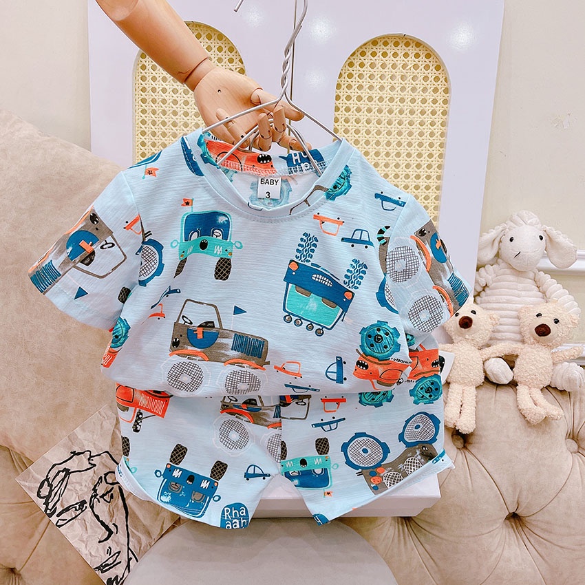 Bộ Quần Áo Cộc Tay In Hình Ô Tô Khủng Long Vải Cotton Tàu Loại 1 Cho Bé Từ 8-19kg Mã CT09