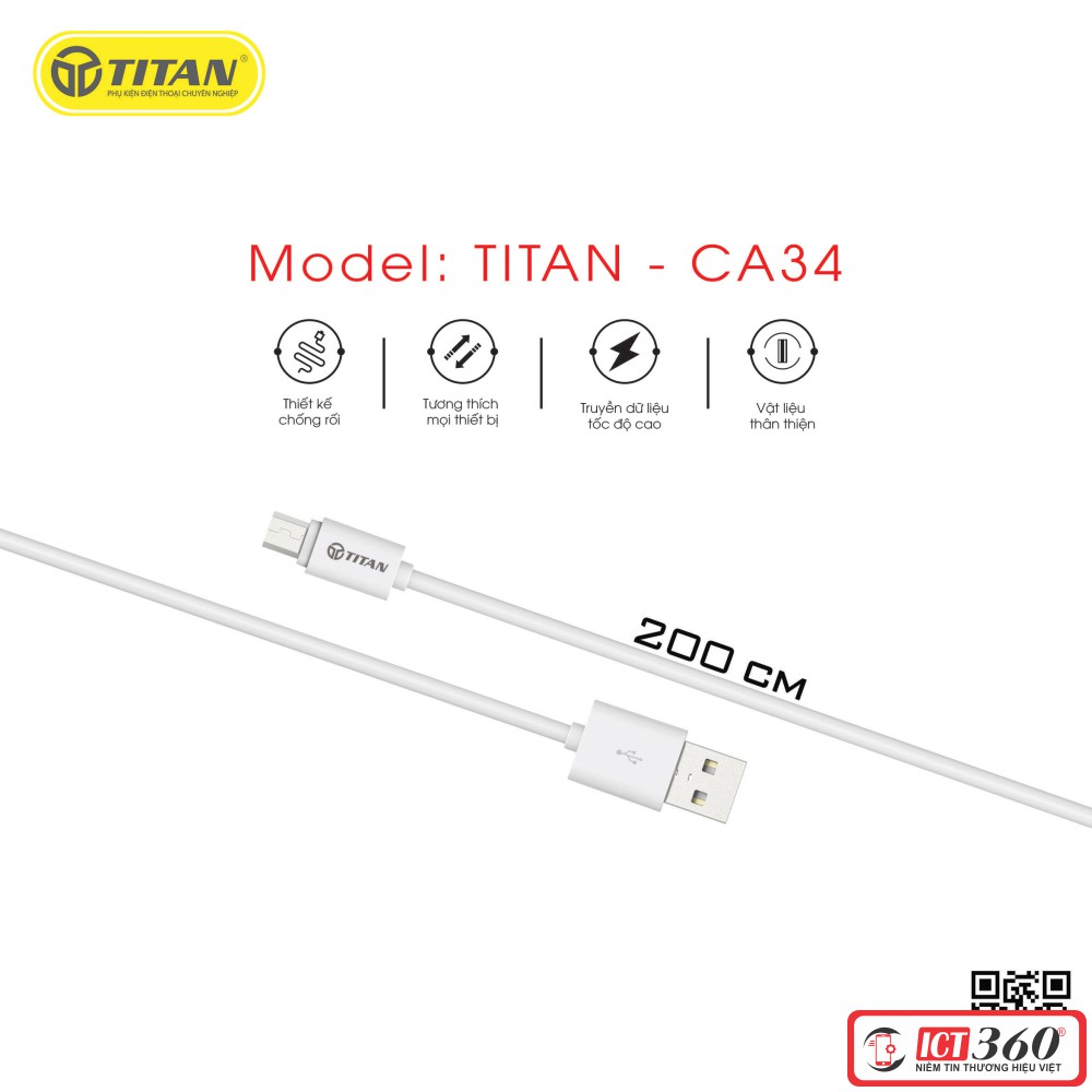 Cáp Sạc Nhanh 2M Micro 2.4A Titan CA34 - Bảo hành 12 tháng