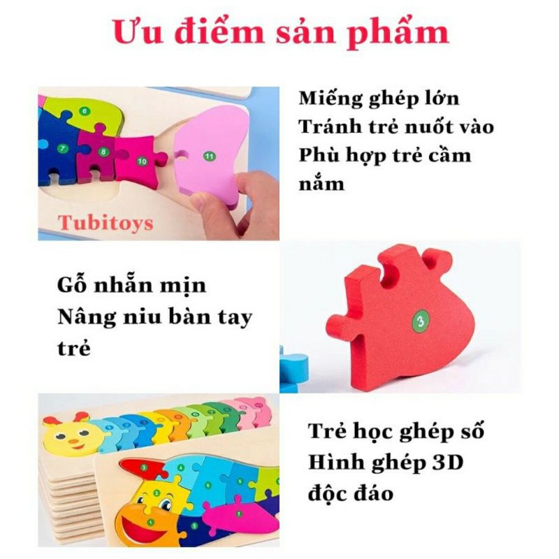 Đồ Chơi Tranh Ghép Gỗ Nối 10 Số -Nổi, giáo cụ Montessori mẫu mới