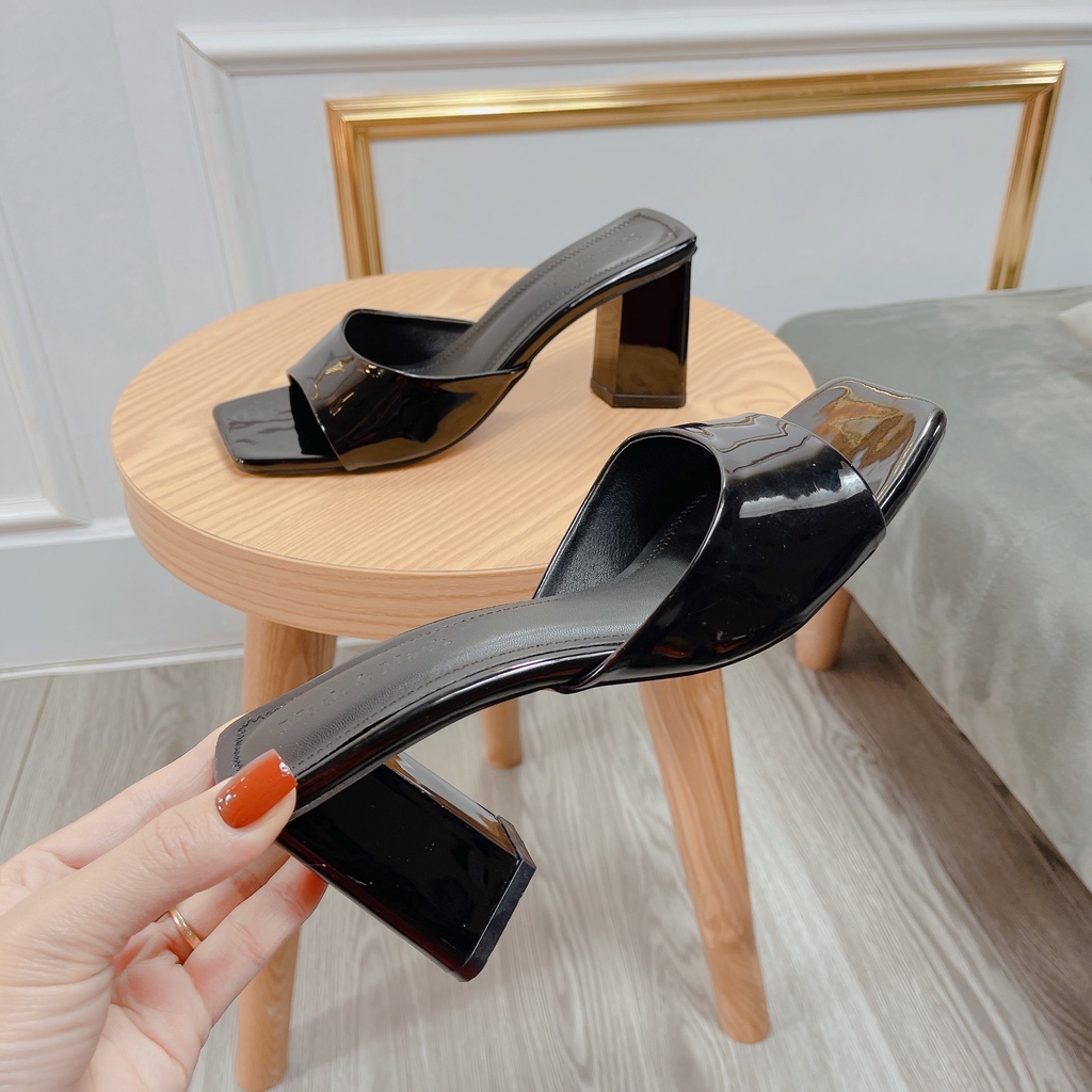 Dép guốc 7P Gót trụ Mũi vuông Da bóng Êm Cao Cấp