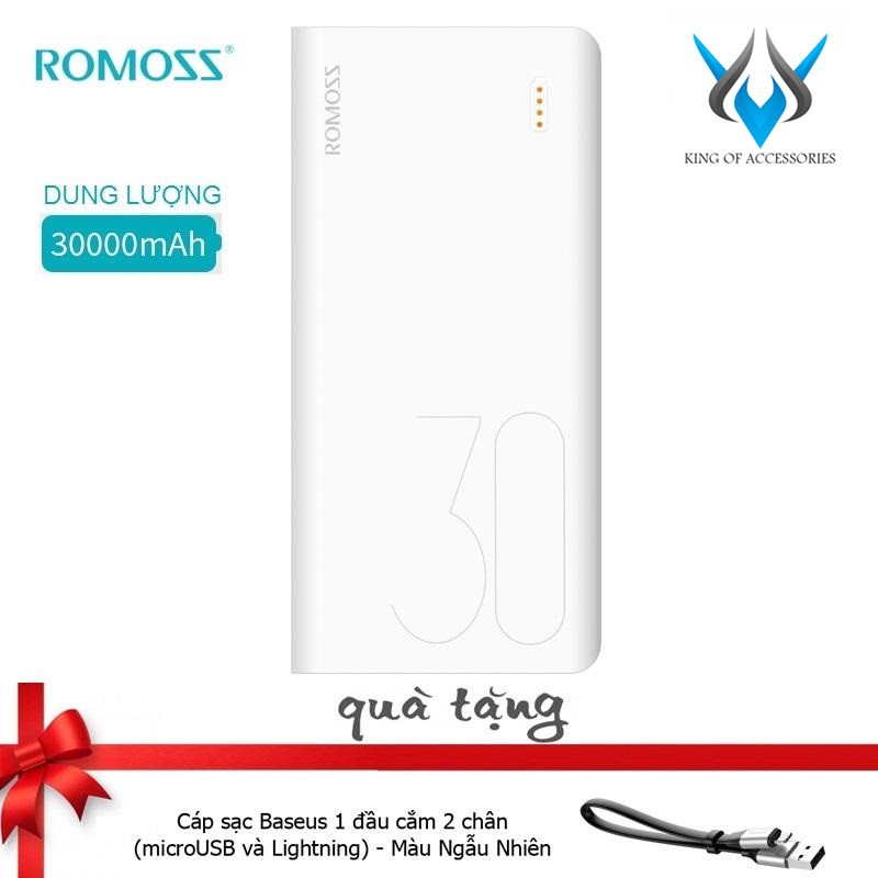 Pin sạc dự phòng Romoss Sense 8 30000mAh - Tặng cáp Baseus 1 đầu 2 chân 23cm