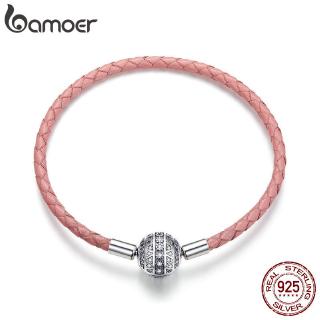 Vòng đeo tay Bamoer thắt dây da phối hạt phụ kiện tròn bằng bạc đính đá zircon dễ thương thời trang dành cho nữ