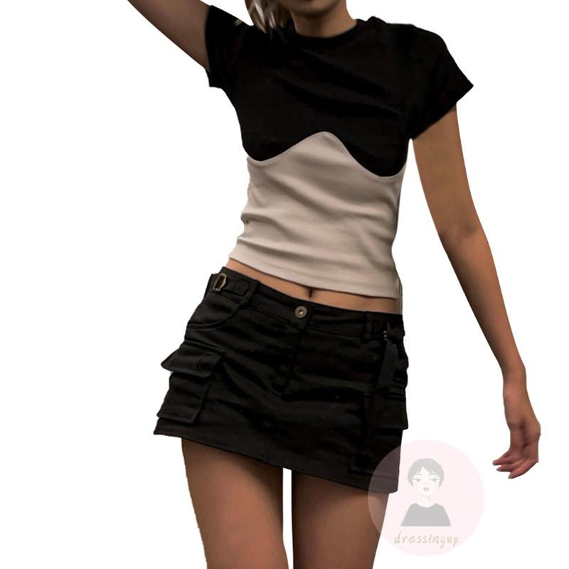 Áo Thun Tay Ngắn Cổ Tròn Màu Sắc Tương Phản Thời Trang Mùa Hè Cho Nữ