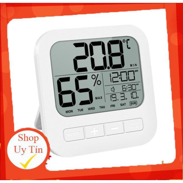 Tặng Kèm Pin - Nhiệt kế điện tử đo nhiệt độ và độ ẩm phòng ngủ cho bé, đồng hồ báo thức cho mẹ