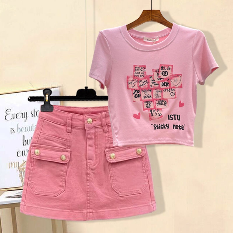 Jiashucheng Set Áo Ngắn Tay Plus Size + Quần Short Denim Lưng Cao Thời Trang Nữ