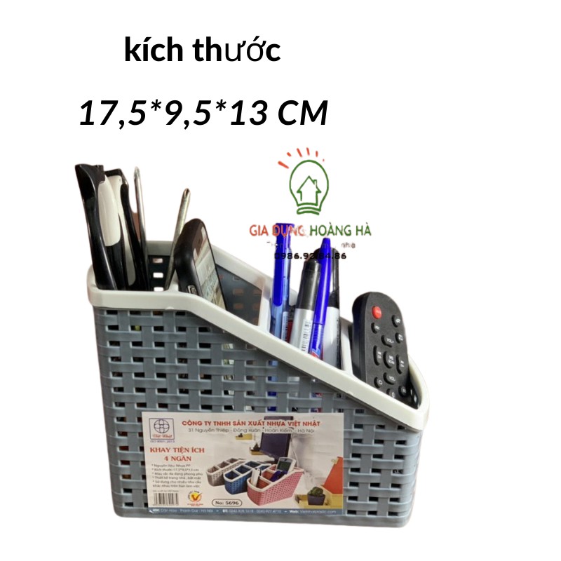 Hộp bút Khay tiện ích 4 ngăn Việt Nhật nhựa PP cao cấp hộp đựng bút để bàn trong suốt nhỏ gọn
