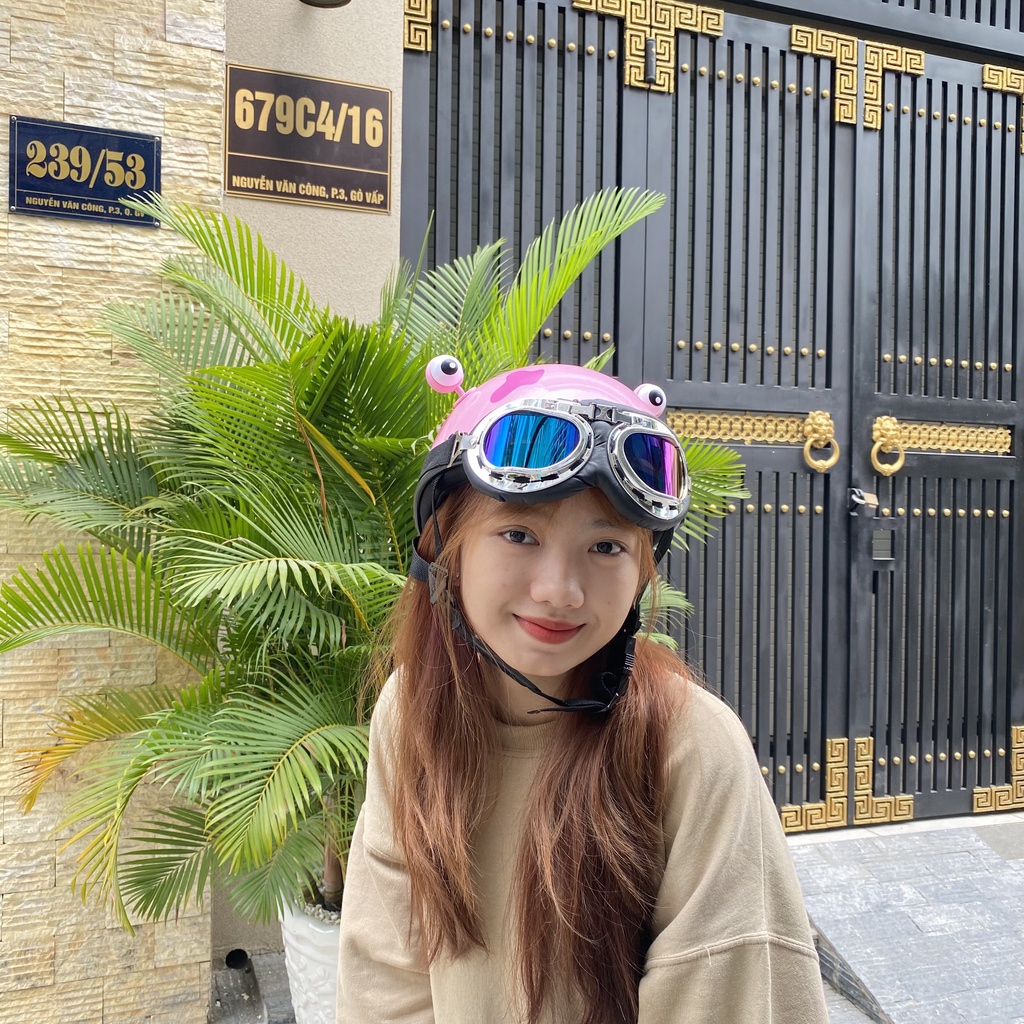 Nón Bảo Hiểm Nửa Đầu Kính Phi Công kèm Phụ kiện Mắt Ếch, Mũ Bảo Hiểm 1 2 Đầu Kính phi Công Kèm Phụ Kiện Mắt CUTE CAT