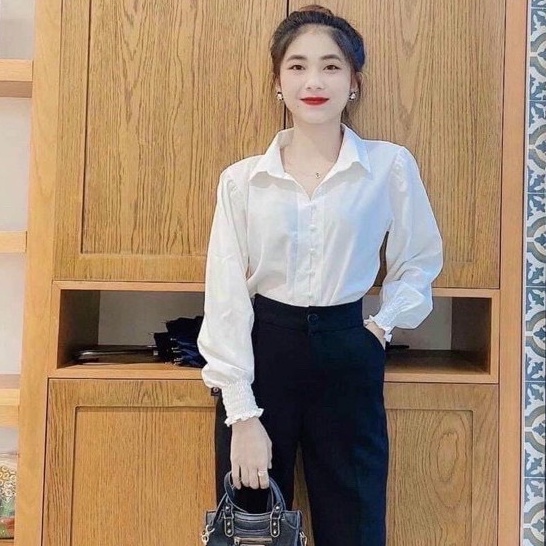 Áo sơ mi nữ trắng đi học tay dài bo nhúm cổ bẻ basic form rộng vừa kiểu - áo Sơ mi đi học sinh nữ trắng tay dài công sở