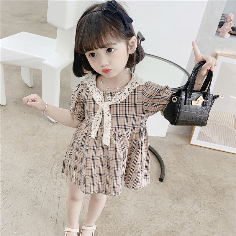 Đầm công chúa tay ngắn kẻ sọc caro thiết kế thời trang mùa hè theo phong cách Hàn Quốc cho bé gái 2021