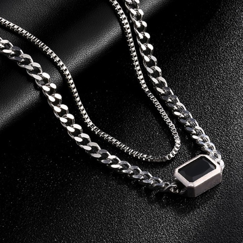 Vòng Cổ Hai Lớp Bằng Thép Titan Màu Đen Thiết Kế Hình Học Sang Trọng Cổ Điển Cho Nữ