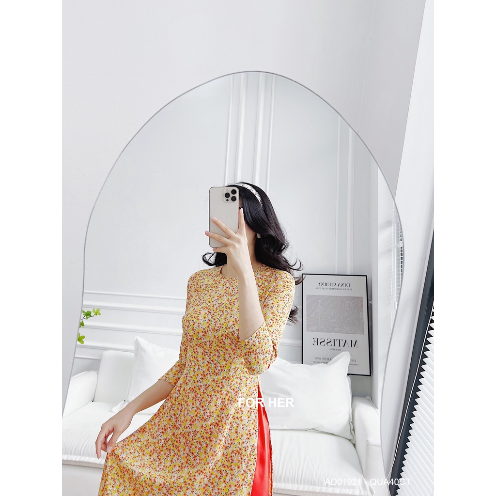 Áo dài Cách tân nữ hoa nhí cổ tròn hoa nhí vàng AD01921