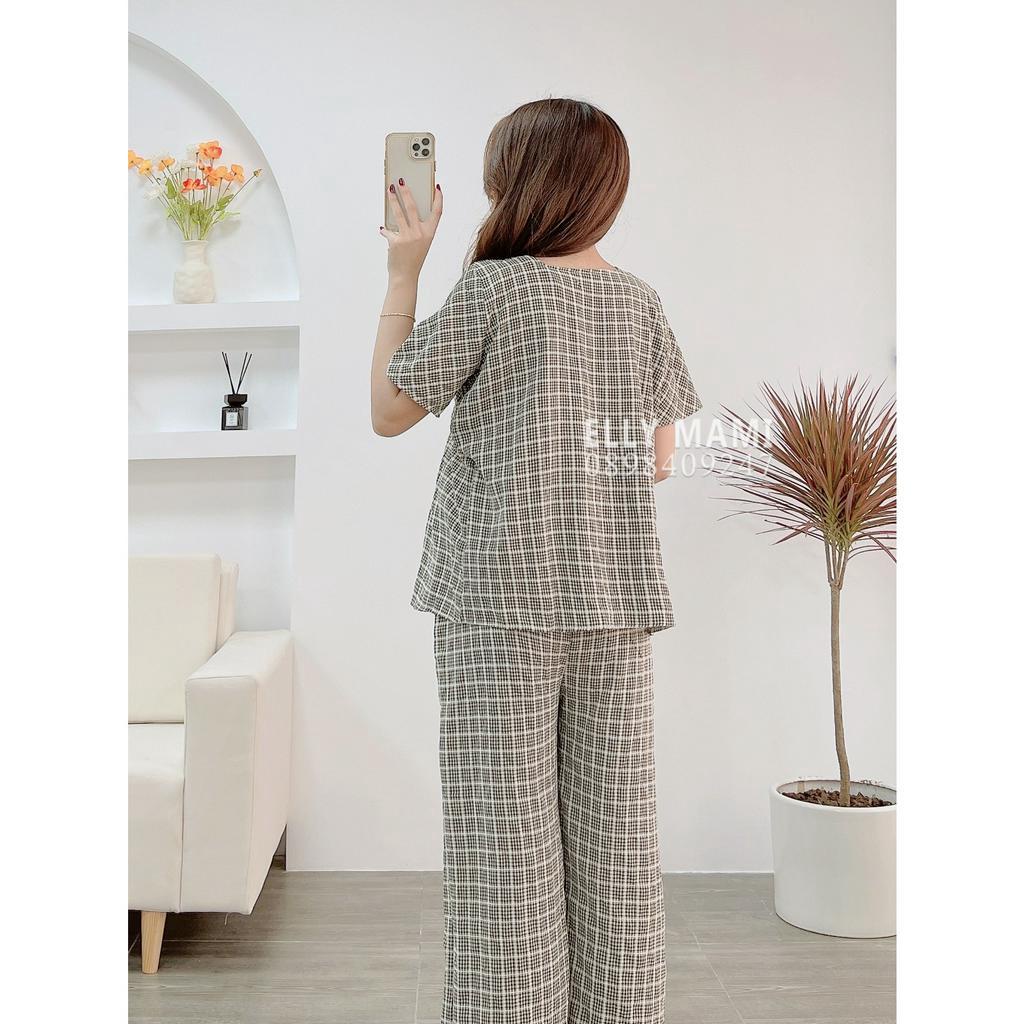 ( 40kg - 85kg ) Đồ Bộ Bầu Và Sau Sinh Nhiều Màu , Đũi Hàn Caro Ngắn Tay , Quần Dài Form Dễ Mặc , Siêu Mát Nhẹ Tênh