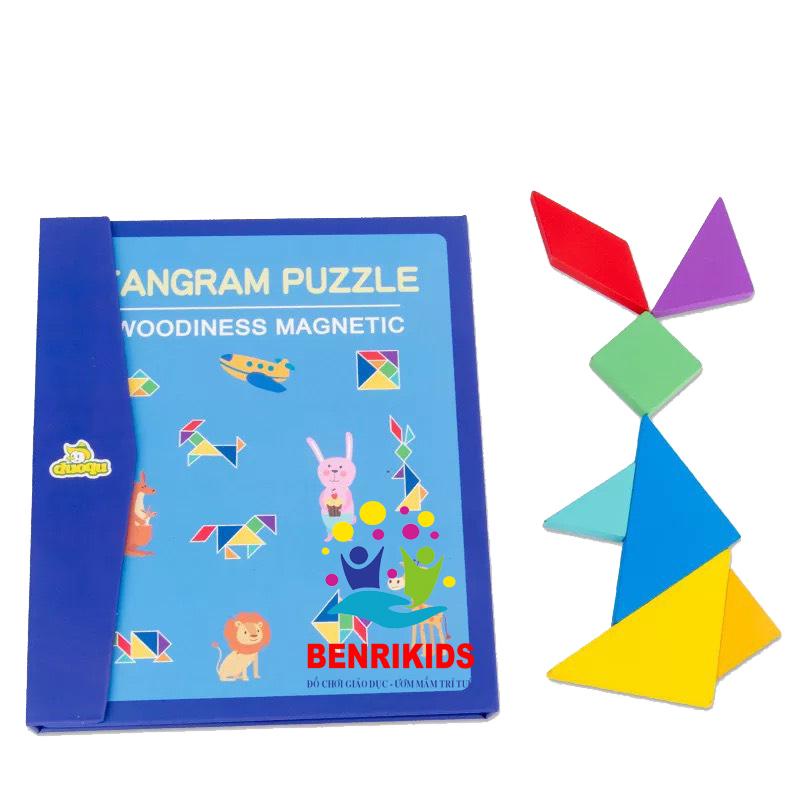 Đồ chơi cho bé Xếp hình gỗ Tangram nam châm có kèm sách cho trẻ rèn luyện tư duy sáng tạo