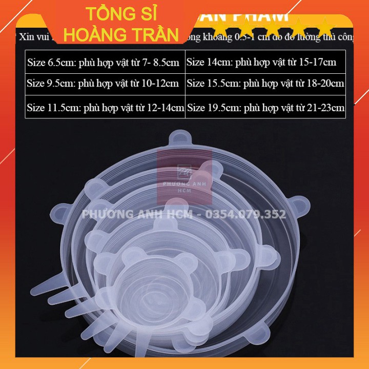 (Tổng Sỉ) BỘ 6 NẮP ĐẬY THỰC PHẨM SILICONE - Màng Bọc Thực Phẩm Silicon Che Thức Ăn, Hoa Quả