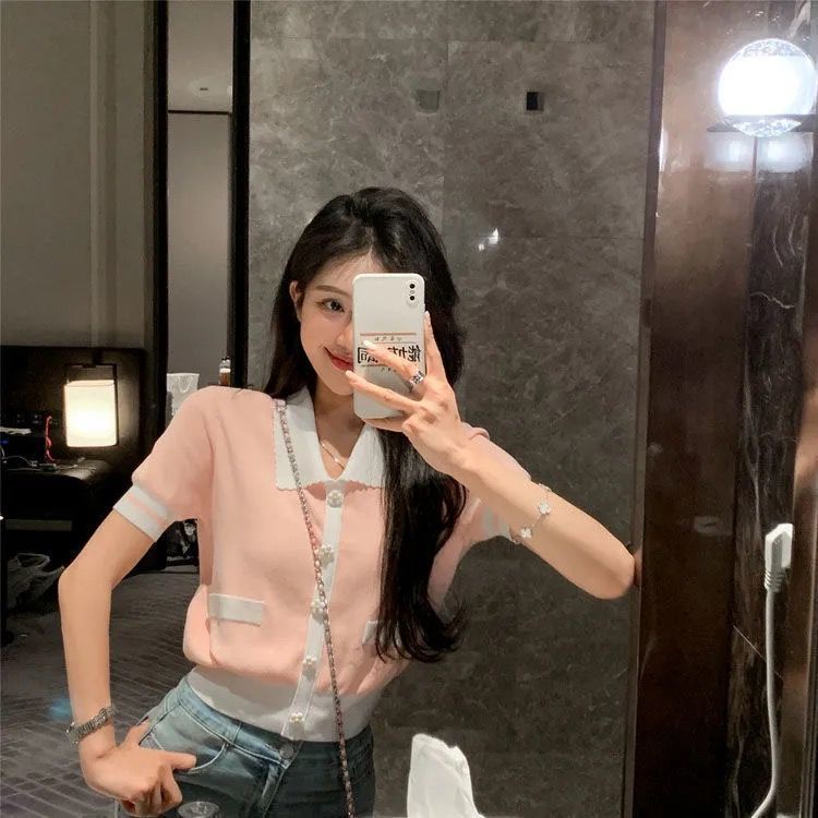 Áo Dệt Kim Tay Ngắn Cổ Búp Bê Màu Sắc Tương Phản Ngọt Ngào Thời Trang Cho Nữ  tao bao
