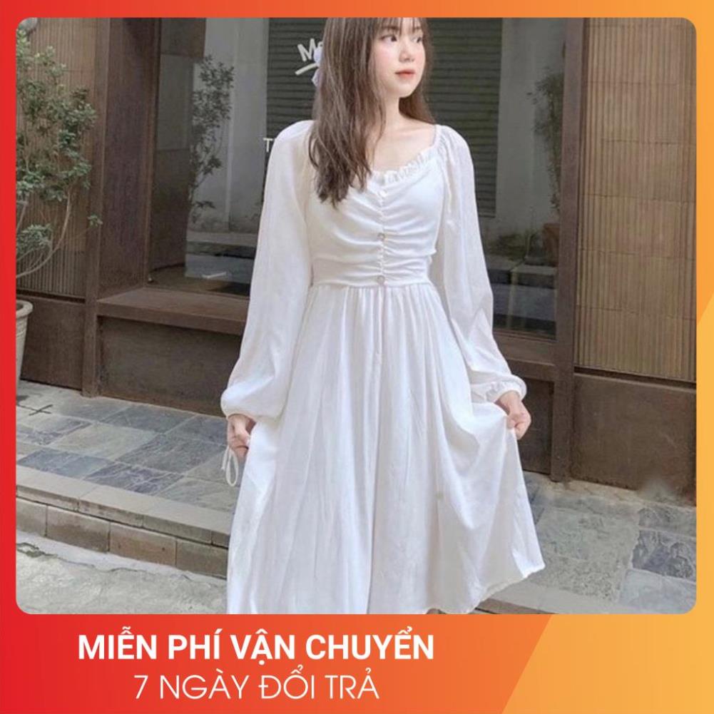 Đầm Trắng Cúc Ngực Cổ V 24AP Nữ [FREESHIP] Váy dúm bánh bèo dài tay bồng tiểu thư form rộng đẹp Ulzzang | BigBuy360 - bigbuy360.vn