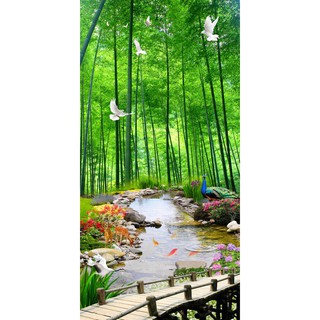 Tranh dán tường 3D cây cầu - con đường - vải lụa