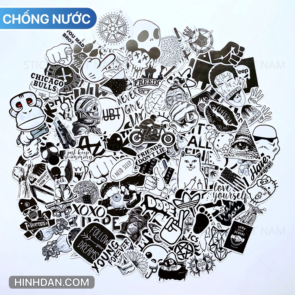 Sticker TRẮNG ĐEN - Black White ngầu Chống Nước Trang Trí Va Li, Xe, Laptop, Nón Bảo Hiểm, đàn guitar