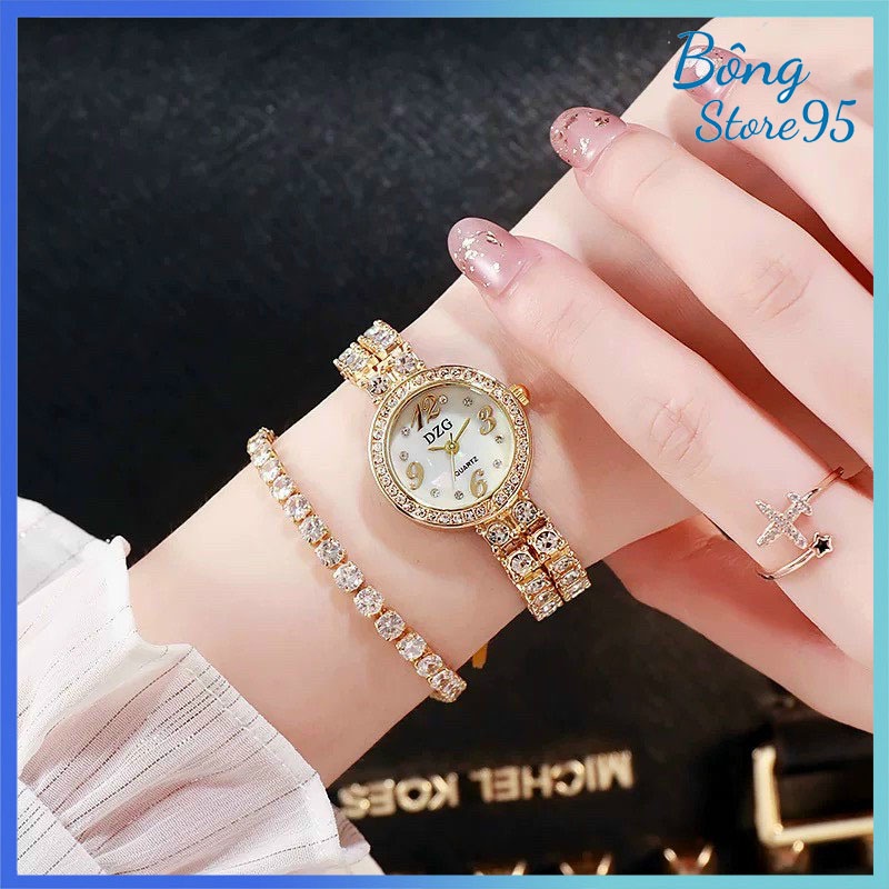 Đồng Hồ Nữ DZG Dây Kim Loại Mặt Tròn Viền Đính Đá Mẫu Mới Sang Trọng