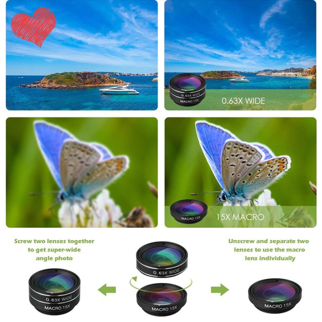 9 in 1 Phone Camera Lens 2X Zoom Lens + 0.36X Super Wide Angle Lens + 198° Fisheye Lens + 15X & 20X Macro Lens + CPL + Kaleidoscope Lens + Starburst Lens for Smartphones