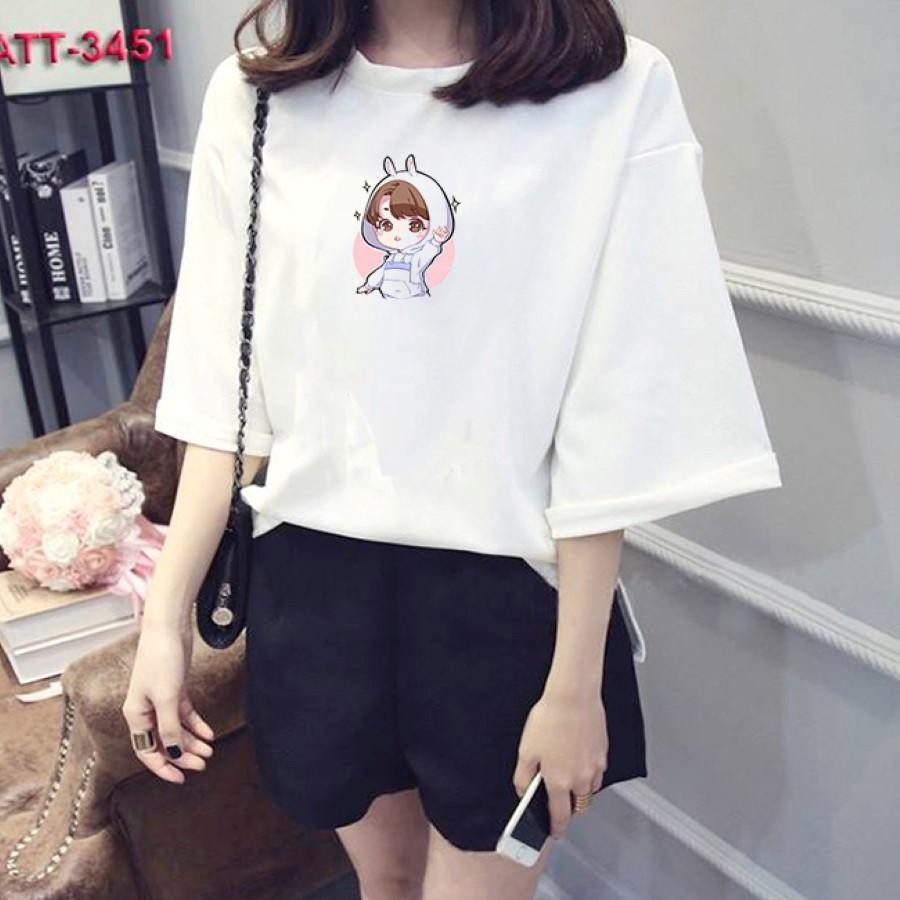 Áo thun nữ tay lỡ Hàn Quốc form rộng in hình chibi dễ thương vài dày mịn TEEWOTL41