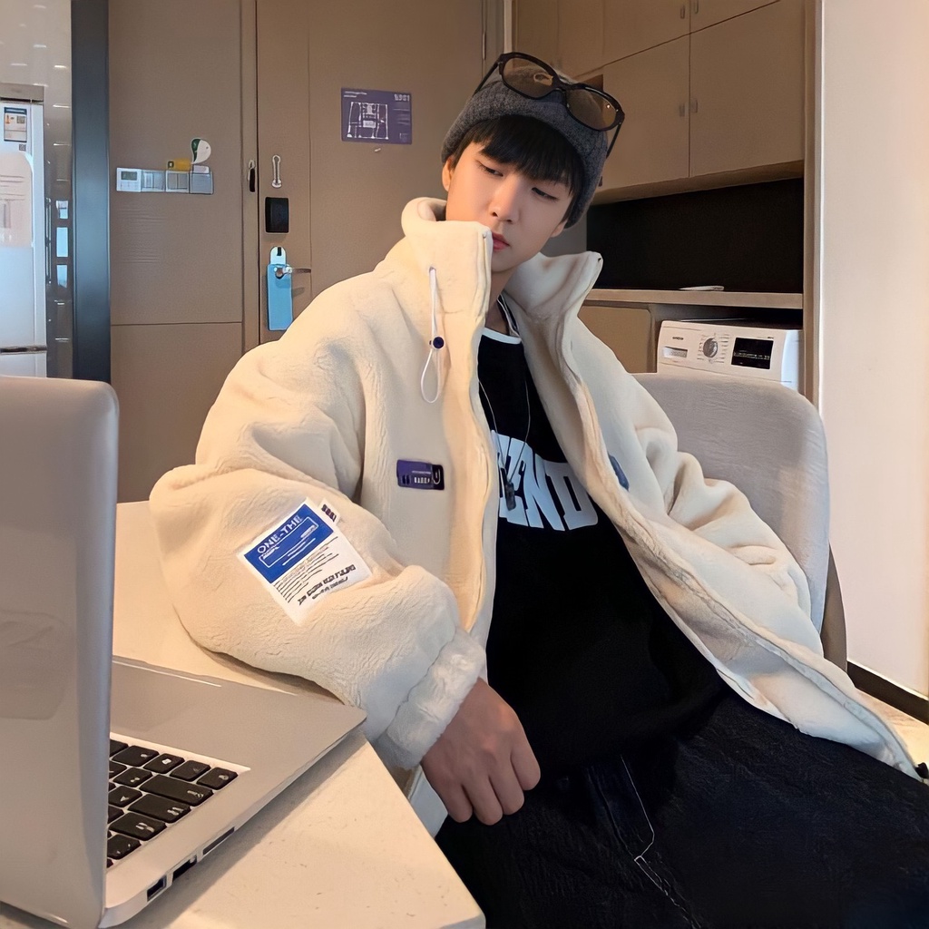 💃 Áo Khoác Lông Unisex Logo Ngực Thêu Gấu Cổ Cao Dáng Rộng Nam Nữ