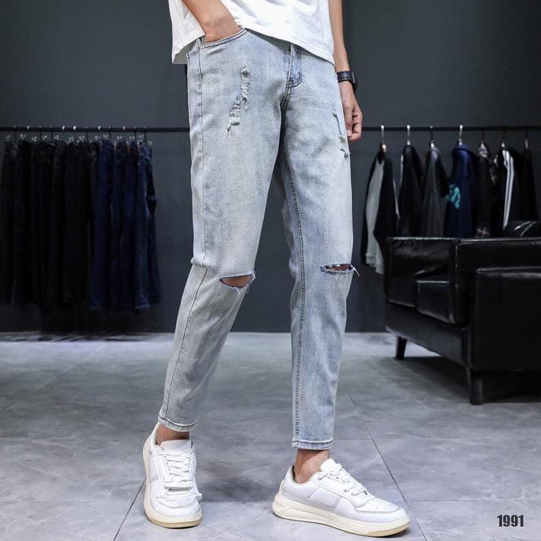 Quần Jeans Nam Xanh Trắng Rách Gối Chất Bò Co Dãn Hàn Quốc KJ1991 VIOLETSTORE