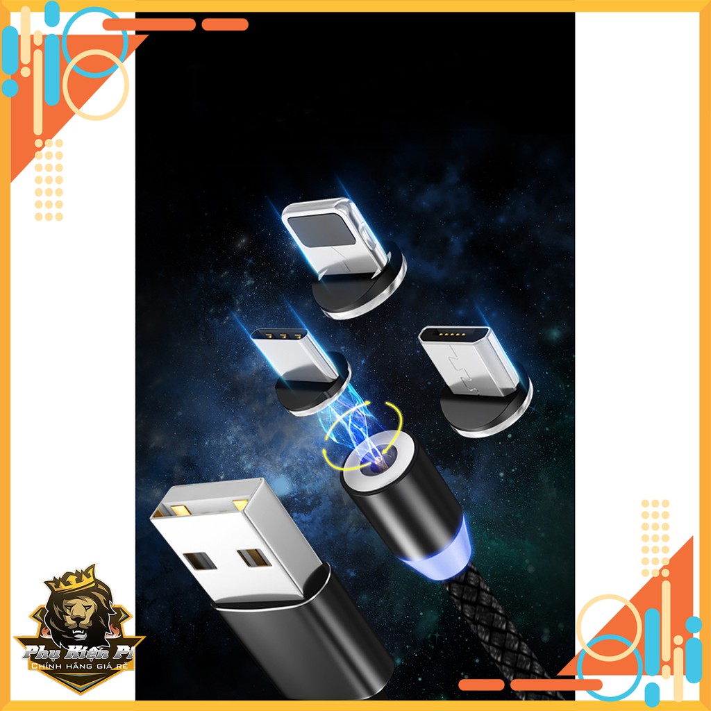 Cáp sạc từ hút nam châm đầu Iphone | micro USB | Type C xoay 360 độ dây dù,có LED cao cấp