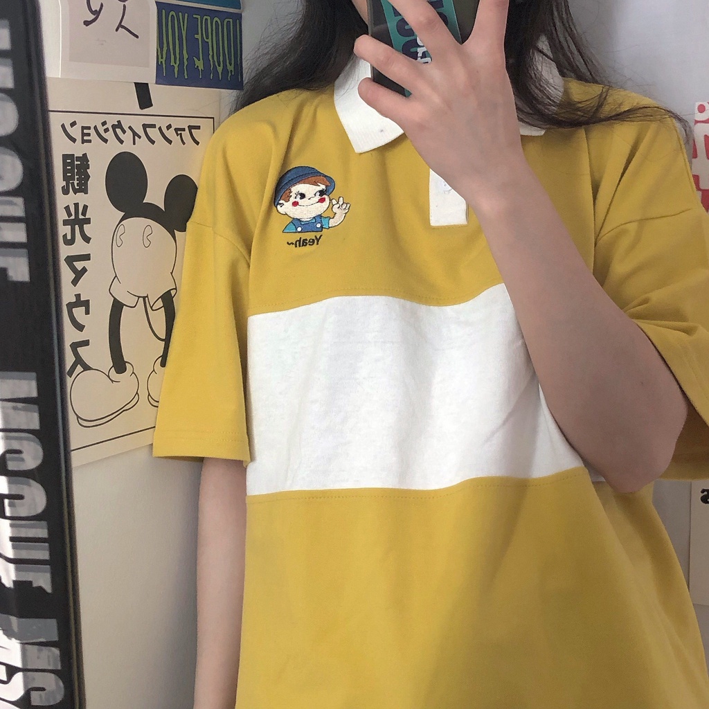 Áo polo Ngắn Tay Form Rộng Thêu Họa Tiết Hoạt Hình Phong Cách Hàn Quốc Thời Trang Cho Nữ
