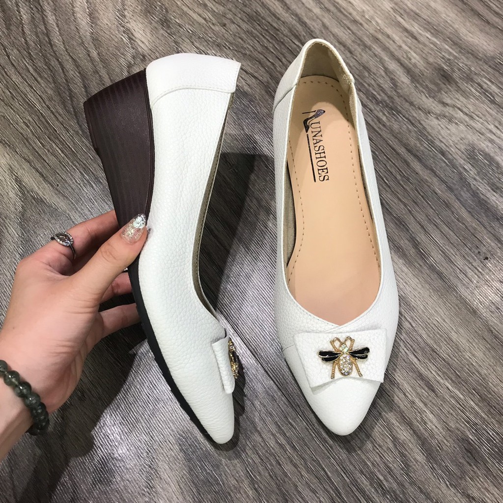 Giày đế xuồng búp bê nữ 4 phân Lunashoes (25803) mũi nhọn da thật có nơ con ong cao cấp dễ đi kiểu Hàn quốc nhiều màu