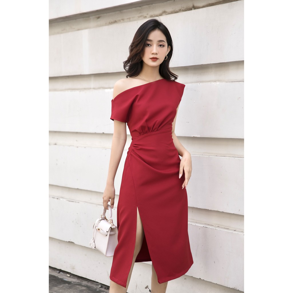 Đầm dài cổ lệch Oversized xếp nhún 1 bên eo tà trước xẻ hở [TY9] | BigBuy360 - bigbuy360.vn