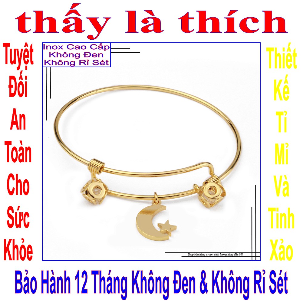 Kiềng tay vàng nữ mặt trăng sao và 2 xúc xắc đính đá Zircon FreeSize  - Cam kết 1 đổi 1 nếu hoen, gỉ sét