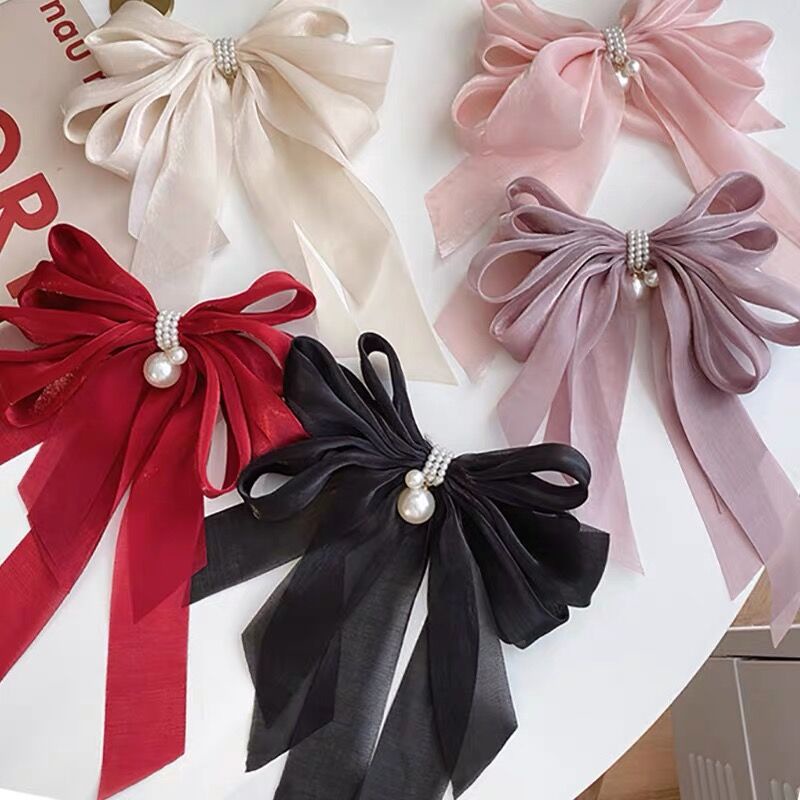 Kẹp Tóc Hình Nơ Vải Chiffon Đính Hạt Ngọc Trai Phối Tua Rua Kiểu Hàn Quốc 2022 Cho Nữ
