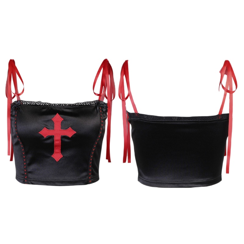 Áo Croptop Hai Dây Thêu Hoa Màu Đen / Đỏ Phong Cách Gothic Punk Gợi Cảm Cho Nữ