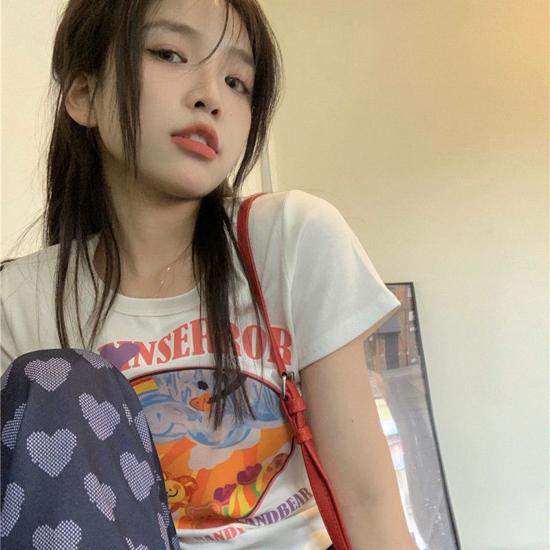 COZOK Áo Thun Tay Ngắn Hở Eo Form Ôm In Họa Tiết Thời Trang