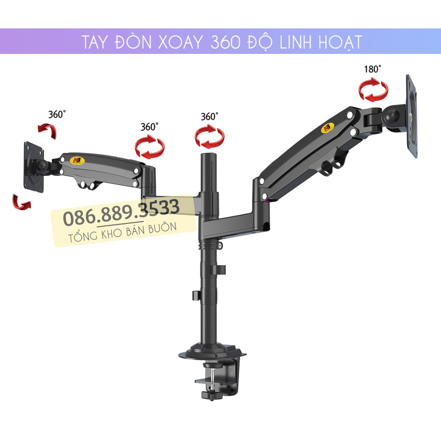 H180 / Giá Treo 2 Màn Hình NB H180 22 - 32 Inch / Giá Đỡ Hai Màn Hình Kẹp Bàn - Xoay 360 Độ