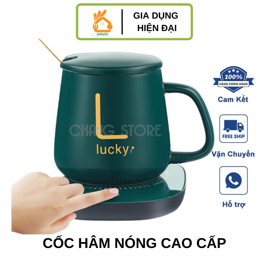 Cốc hâm nóng cao cấp bằng sứ kèm đế điện, Ly sứ kèm đế điện hâm nóng cafe, sữa, trà Tặng kèm thìa mạ vàng tiện lợi