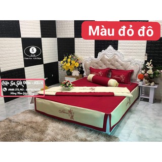 Bộ satin cao cấp 5 món(ga phủ trần bông diềm 32cm+vỏ chăn trần bông 3 lớp có khóa lồng ruột, 2 vỏ gối nằm,vỏ gối ôm