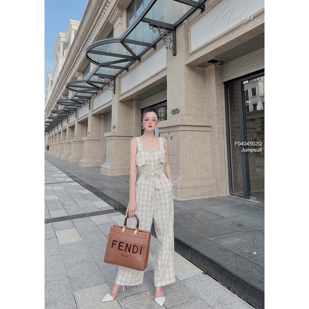 Jumpsuit kẻ caro dài ống suông thắt nơ eo 2 dây!