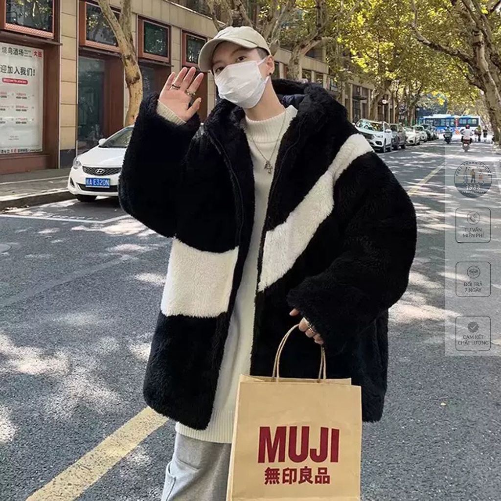 Áo Khoác Lông Cừu Phối Màu Đen Trắng, Áo Hoodie Lông Cừu Unisex Dáng Rộng