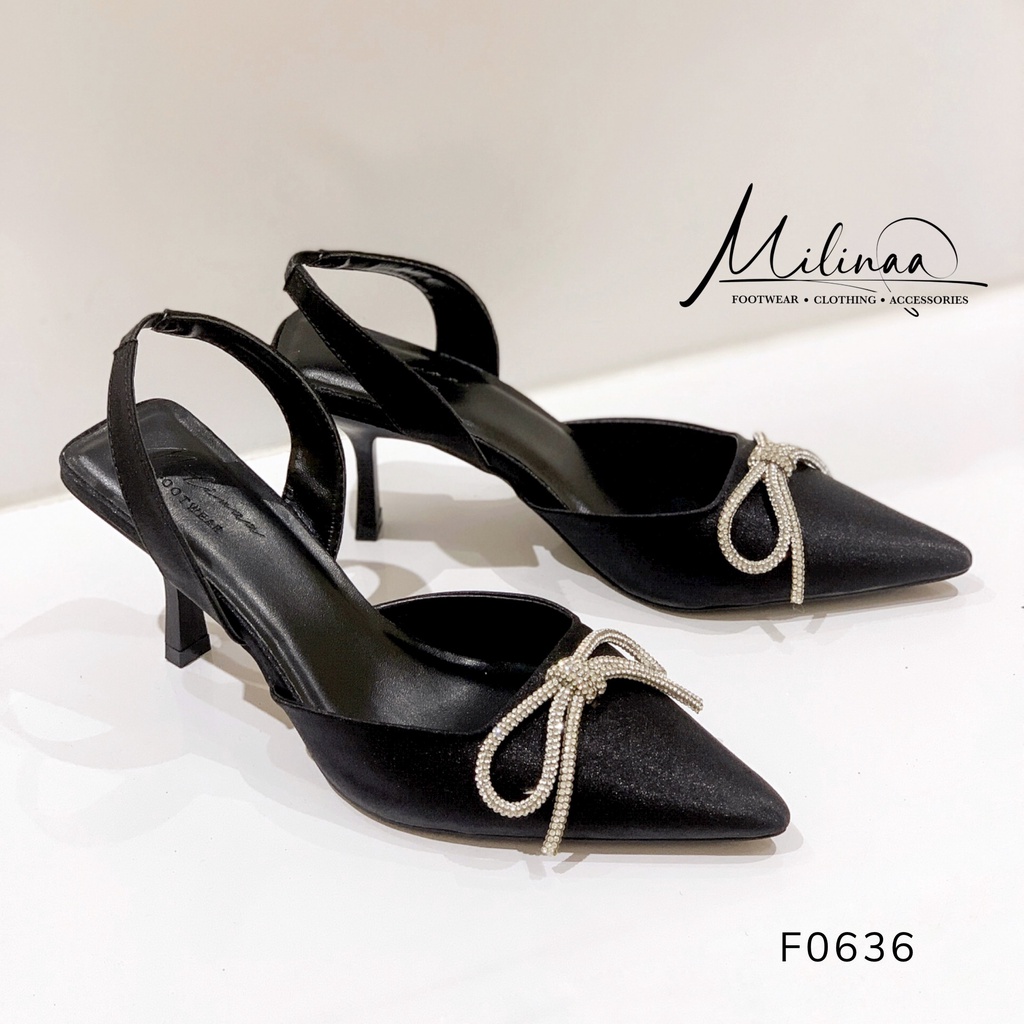 GIÀY CAO GÓT NỮ SLINGBACK GÓT NHỌN 5P BÍT MŨI SATIN PHỐI NƠ XOÀN HỞ GÓT F0636