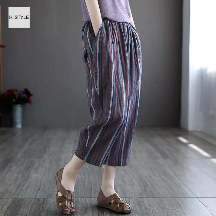 Quần nữ cotton kẻ sọc hoang dã thoải mái quần ngủ mới phong cách Vintage và rentro lưng thun quần âu rộng rãi ống rộng