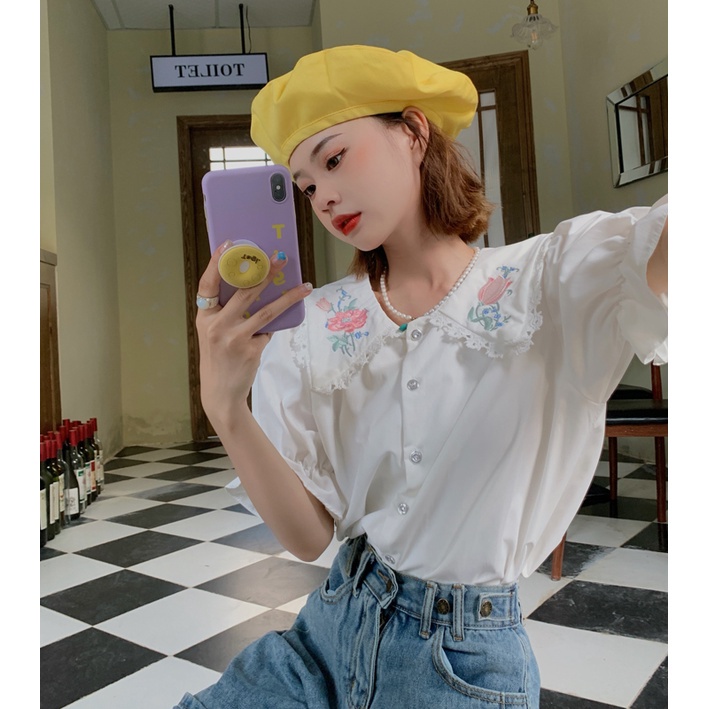 SUXI Áo sơ mi tay ngắn dáng rộng phối ren thêu họa tiết thời trang mùa hè Pháp cổ điển thanh lịch cho nữ