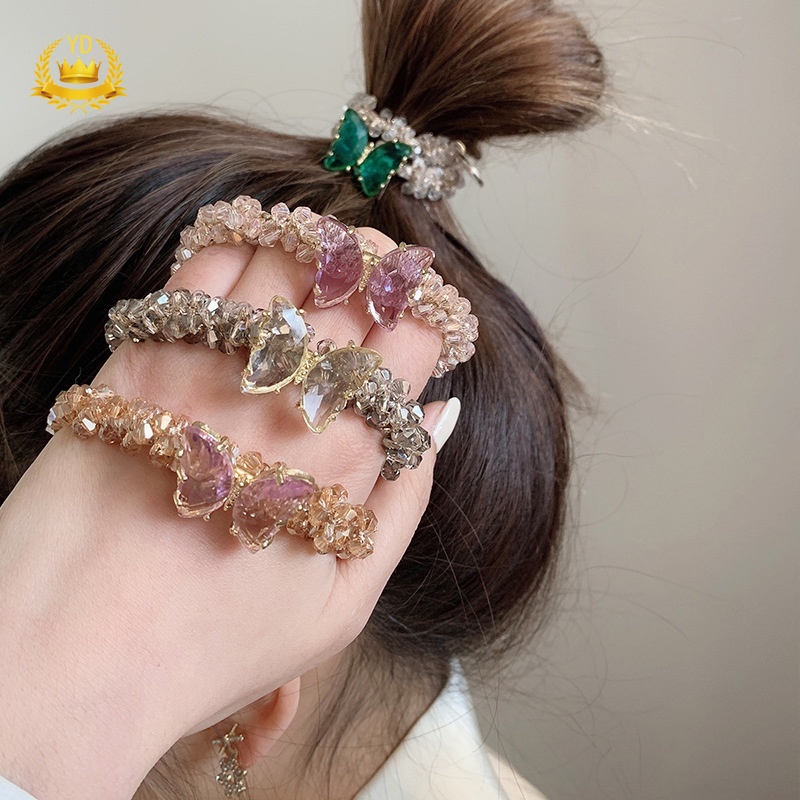 Dây Buộc Tóc Co Giãn Đính Đá Pha Lê Hình Bướm Xinh Xắn Cho Nữ