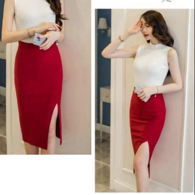 Chân váy bút chì đỏ 60cm xẻ sườn cạp 3.5