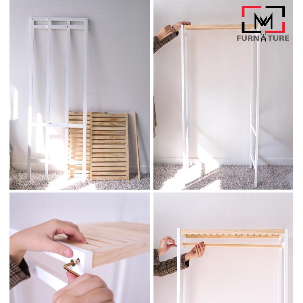 Tủ treo quần áo chữ nhật gỗ thông nhập khẩu - Shelf hanger màu trắng phối gỗ MW FURNITURE - Nội thất phòng ngủ